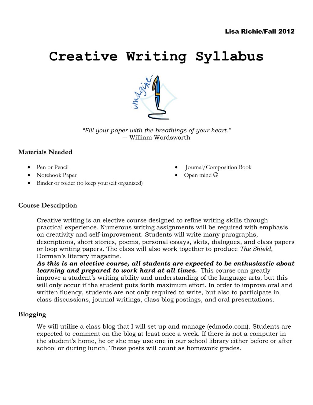 Picture of: Creative Writing Syllabus – Dorman High School