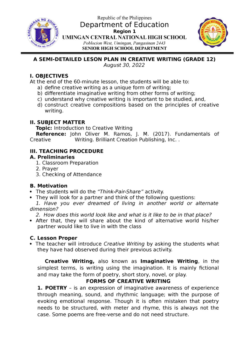 Picture of: Lesson PLAN IN Creative Writing – WEEK  – Department of Education