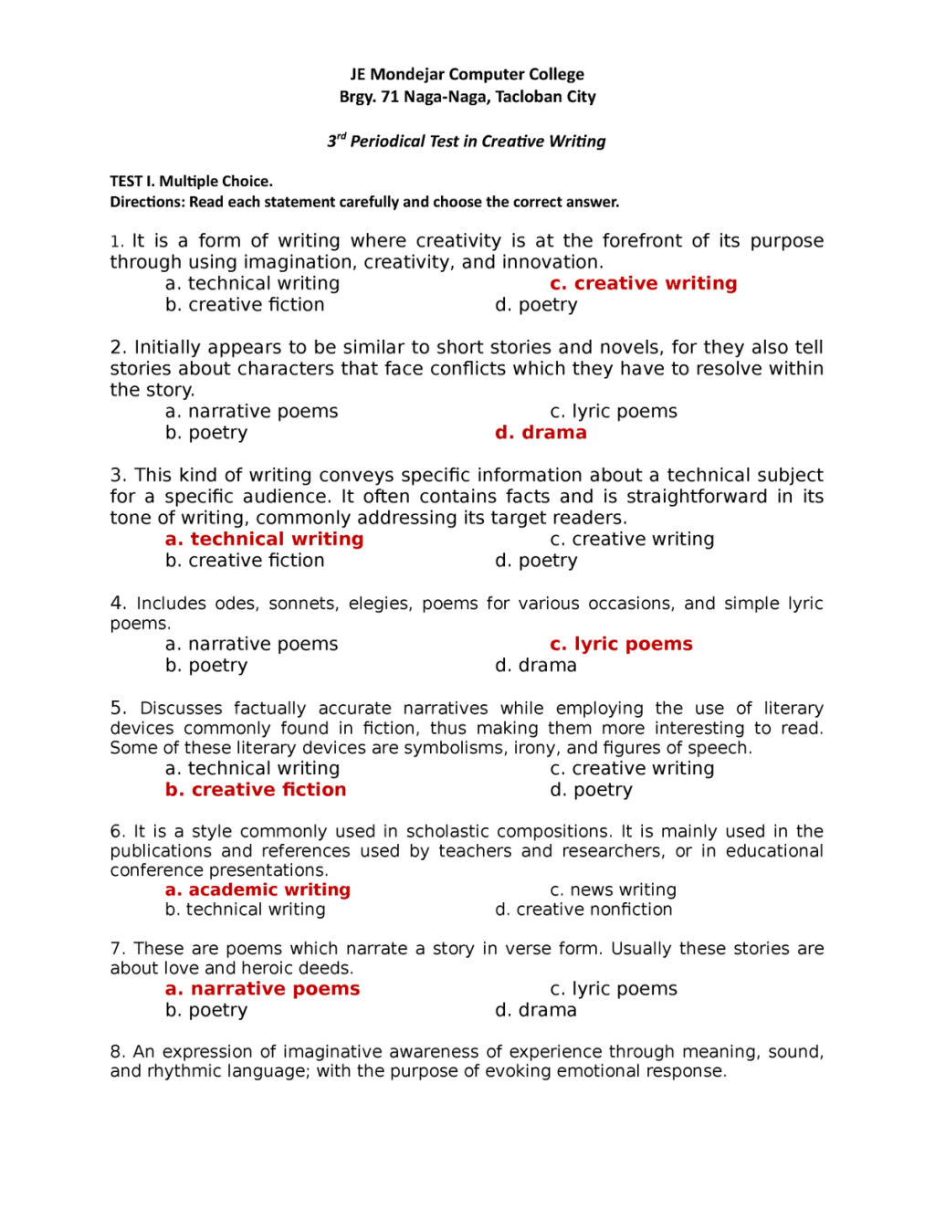 Picture of: rd Periodical Test in Creative Writing – JE Mondejar Computer